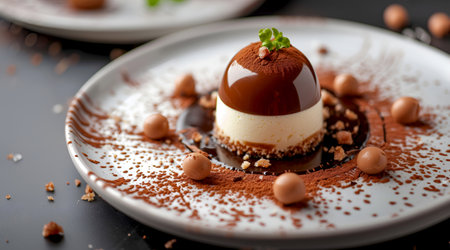 Gourmet chocolate and vanilla souffle dome with cocoa dust on modern plate, restaurant dessert. Bird's milk dessert with chocolate glaze on decorative plate. Vanilla panna cotta in restaurant servingの素材
