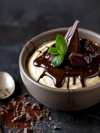 Bowl of vanilla mousse topped with melted chocolate and mint on dark background, close up. Vanilla panna cotta with dark chocolate glaze and mint garnish in a bowl, verticalの素材