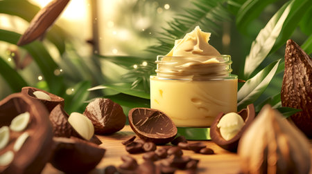 Whipped cocoa butter cream in a glass jar, spa setting. Organic cocoa butter for skin care among green leaves. Luxurious cocoa butter cosmetic, tropical ambianceの素材