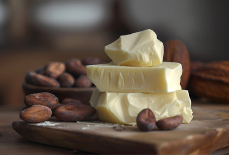 Stacked cocoa butter slabs with cocoa beans on wooden board. Natural product for chocolate making, organic cosmetics, immune stimulation, cough treating. Cocoa butter blocks for chocolate and skincareの素材