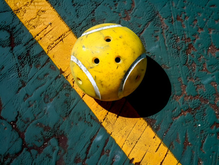 Yellow pickleball on textured court with vibrant lines. Close-up of worn pickleball on colorful game surface. Pickleball equipment on outdoor court markingの素材