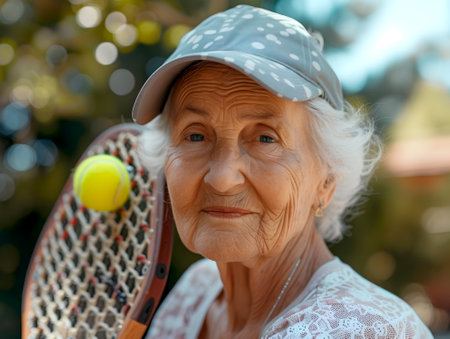 Senior lady with a tennis racket and ball making outdoor tennis practice. Active seniors concept. Elderly woman enjoying tennis outdoors. Portrait of a joyful senior tennis playerの素材
