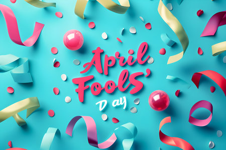 Festive April Fools' Day greeting with ribbons and orbs. Vibrant 1st of April banner with dynamic streamers. Playful joke day background with floating decorationsの素材