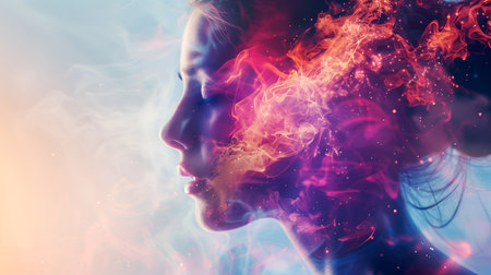 Cortisol double exposure abstract image. Woman's silhouette against space aura, symbolizing cortisol's cerebral effects. Stress and the cosmos collide in a portrait of hormonal impact on the mindの素材