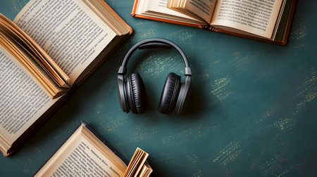 Audio book concept. Headphones and open books on a teal surface. Audiobook listening space with books and headset. The perfect audiobook setup with open literatureの素材