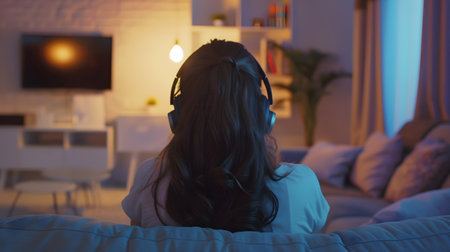 Audio book concept presented by a back view of young woman in headphones in a cozy room with modern interior. Evening audiobook session at home. Audiobook enjoyment in a comfortable setting.の素材
