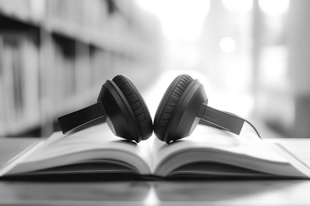 Audiobook concept with headphones on an open page. Open book with headphones, a modern way to read books. Headphones rest on an open book, symbolizing audiobooksの素材