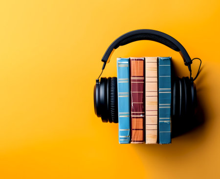 Audio book concept with headphones and a stack of colorful books on yellow background, copy space. Audiobook banner. Modern educational tool, transforming text to audio with headphonesの素材