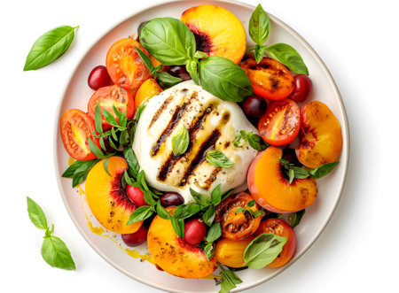 Burrata cheese salad with peaches, cherry tomatoes, cranberries and basil on white background. Close up, top view. Healthy diet food conceptの素材