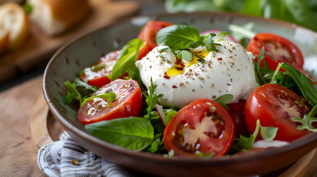 Burrata with ripe tomatoes and arugula in a clay bowl. Classic burrata salad with fresh basil and tomatoes. Burrata cheese, arugula and tomato salad with olive oilの素材