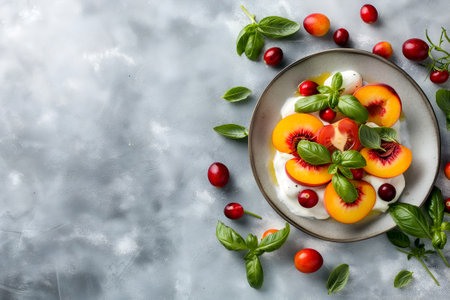 Burrata cheese salad with fresh peaches, cranberries and basil on gray background, top view, copy space. Burrata garnished with peach slices and berries. Burrata cheese with summer fruits and basilの素材