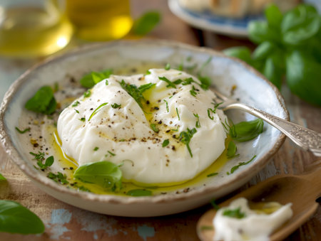 Creamy burrata with olive oil and herbs on ceramic plate, rustic setting. Homemade burrata cheese. Burrata decorated with fresh basil on ceramic. Soft burrata with olive oil drizzle and fresh herbsの素材