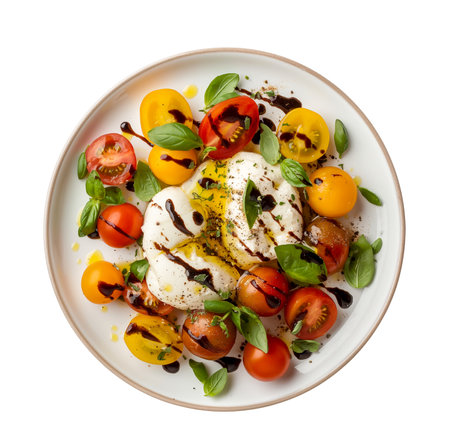 Burrata cheese salad with yellow and red cherry tomatoes, fresh basil and balsamic topping on transparent background. Close up, top view. Healthy diet food conceptの素材