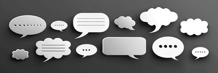 Set of speech bubbles. Variety of white speech bubbles on dark background. 3D collection of chat icons in different shapes. Communication concept with paper speech cloudsの素材