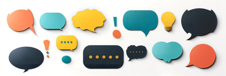 Colorful paper speech bubbles on white background. Bright conversation icons set for messaging. Multicolored chat bubbles in various shapes and sizesの素材