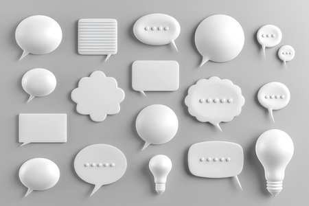 Set of white speech bubbles on gray background. White speech bubbles variety. Creative conversation clouds with various shapes. Paper speech bubbles set for communication themesの素材