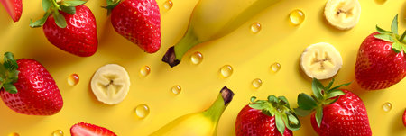 Strawberry banana commercial banner. Banana slices and strawberries on yellow background. Vibrant strawberries and bananas with water drops on yellow. Fresh banana and strawberry arrangement with dewの素材