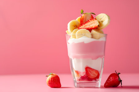 Strawberry banana dessert in a clear glass on pink background. Fresh banana and strawberry layers in yogurt parfait. Healthy fruit dessert with strawberries and bananas. Strawberry & banana parfaitの素材