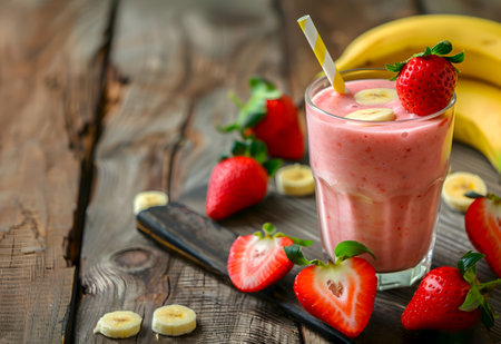 Strawberry banana smoothie with fresh ingredients on wooden table, copy space. Fruit banana and strawberry yogurt with fresh fruit garnish. Healthy banana strawberry milk shake on rustic woodの素材