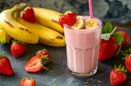 Banana strawberry smoothie with fresh fruits on dark marble background. Pink strawberry banana smoothie with banana and strawberry slices, fruit & berry healthy milk shake. Nutritious smoothie, veganの素材