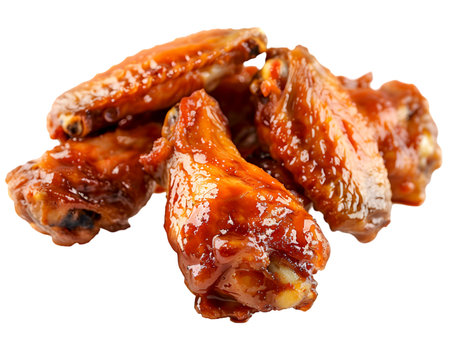 Sticky glazed buffalo wings, isolated on transparent background, design element. Barbecue chicken wings with shiny glaze, no background. Saucy BBQ wings isolated on whiteの素材