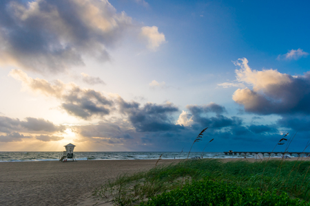 Lifeguard tower and fishing pier from the sand dunes, Floridaのeditorial素材