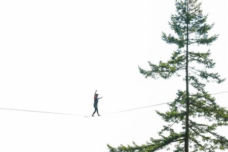 Young man balancing on a slackline above Pacific Ocean on treetops hightの写真素材