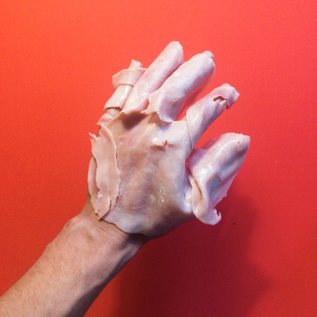 Hand covered in hamの写真素材