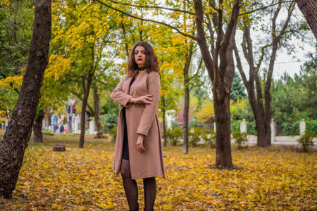 curly haired girl in the autumn parkの写真素材
