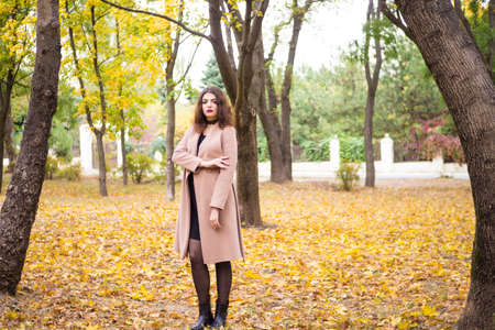 curly haired girl in the autumn parkの写真素材