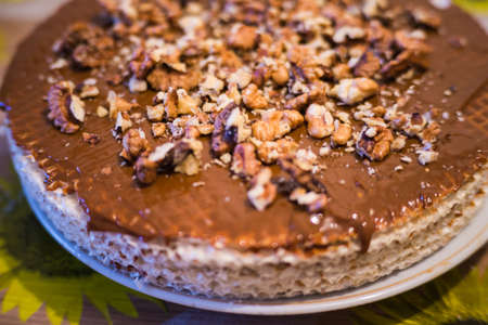 waffle cake with condensed milk and walnutsの写真素材