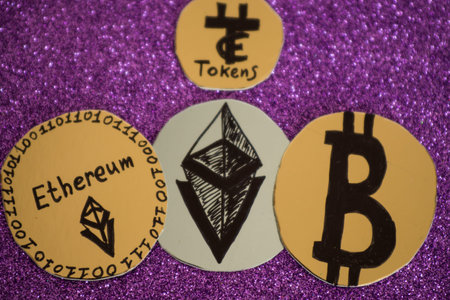 Modern crypto currency on a violet shiny background