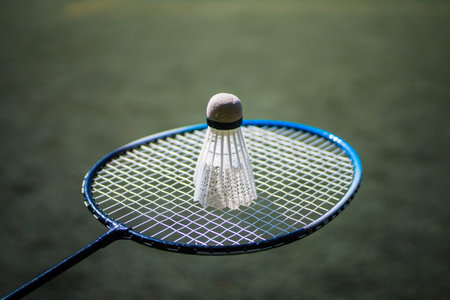 Racket with flounce on a football field on a sunny and bright dayの写真素材