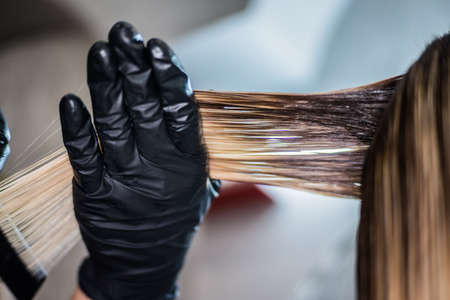 The hairdresser applies nutritious and healing components to damaged hair, applying botox to the hair, combs every strandの写真素材