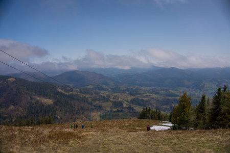 Mountain trip, cable car ride with mountain and forest view.