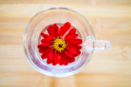 Beautiful red flower in a transparent glass with water on a wooden background close-up.