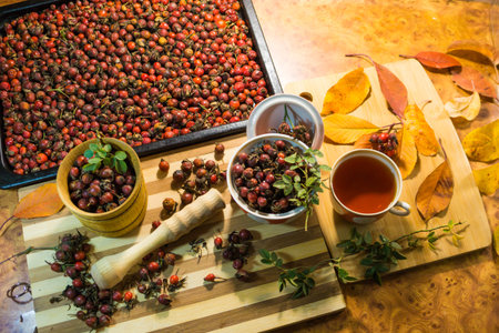 Harvest of juicy rose hips on a baking sheet and rose hip tea close-up.