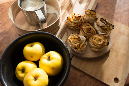 Roses from apples in the oven, a delicious dessert for tea and for breakfast.の写真素材