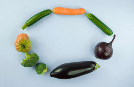 vegan and vegetarian food on blue background. Vitamins for spring nutrition. Healthy food, vegan dinnerの写真素材