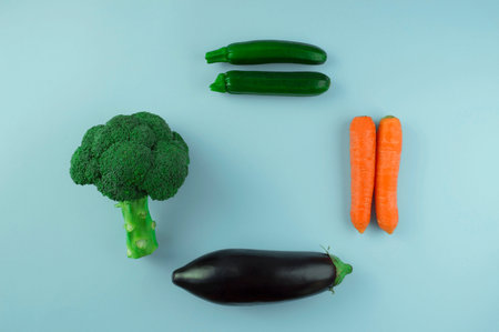 vegan and vegetarian food on blue background. Vitamins for spring nutrition. Healthy food, vegan dinnerの写真素材