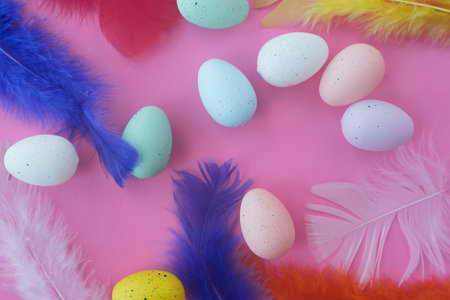 easter eggs and plumelets colored with different colors on pink background, from aboveの写真素材
