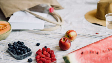 summer picnic setting with healthy food, blueberries, raspberries, peaches, water melon, melon, hat, book, water, beach bag. Outdoor gathering concept.の写真素材