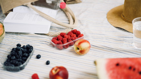summer picnic setting with healthy food, blueberries, raspberries, peaches, water melon, melon, hat, book, water, beach bag. Outdoor gathering concept.の写真素材