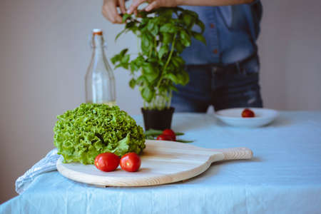 young woman wearing jeans cooking healthy vegetarian detox food. Ingredients and preparation for healthy Italian foodの写真素材