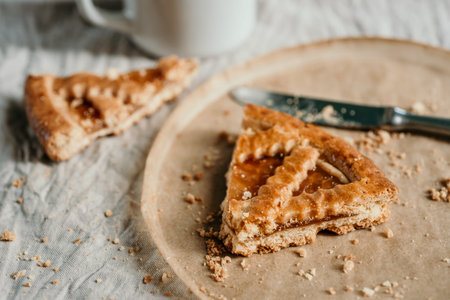 autumn fall crust pie with jam close up selected focus with cup of coffee on background