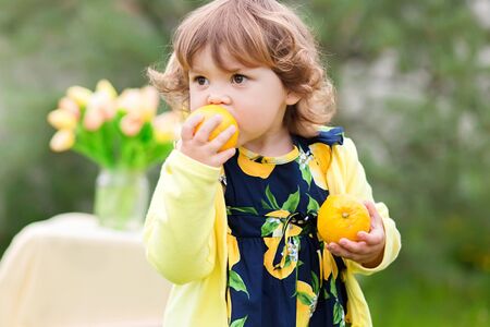 horizontal photo of a little curly girl eating lemong outdoorsの写真素材