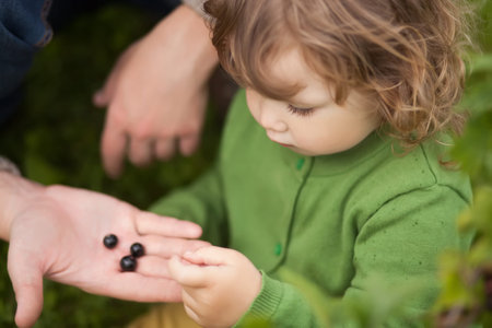 Father helps hia daughter to eat black currant berries from the bush. Summer sunny day. Family...