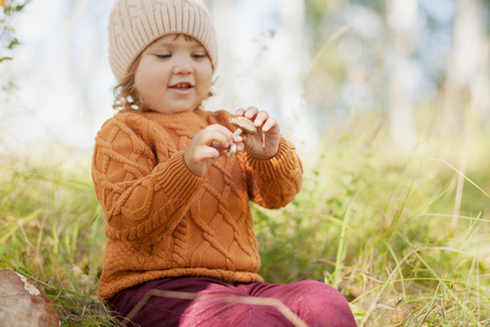 Happy child girl picking wild mushrooms in autumn forest, adorable little mushroomer.の写真素材