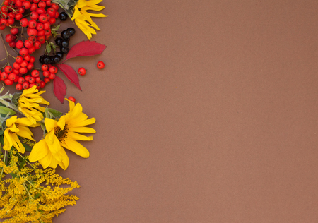 Autumn flat lay background border with copy space. Knitted sweater, red maple leaves, rowanberry, yellow flowers on brown paperの写真素材