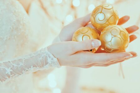 Christmas Ornament with beautiful magic lighting, closeup, toned photo.の写真素材